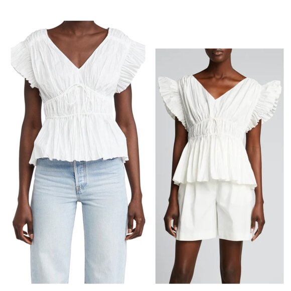 Rebecca Taylor Broomstick Peplum Blouse Flutter Sleeves in Lyria White size 14/L - Picture 7 of 16